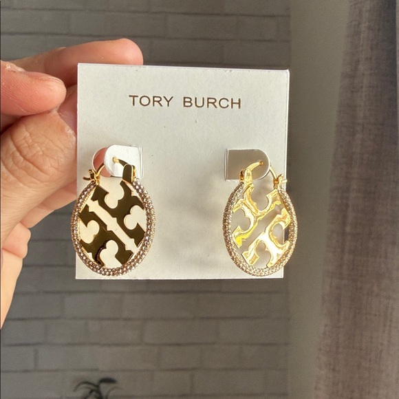 Tory Burch Jewelry - Nwt Tory Burch Gold rhinestone logo hoop Earrings